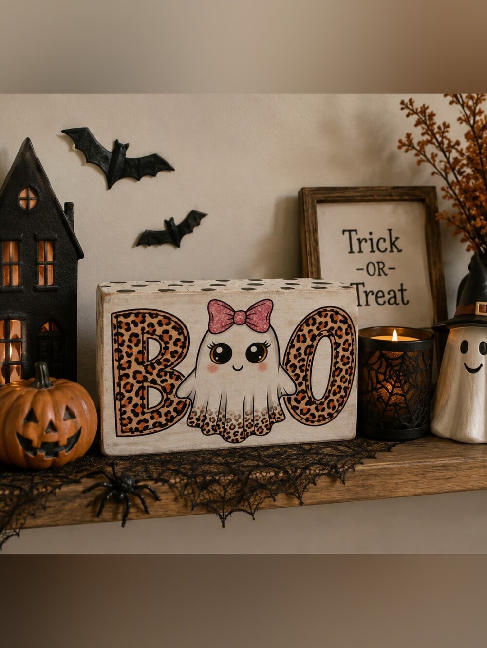 Upcycled Halloween BOO Shelf Sitter Sign – Leopard Print Ghost